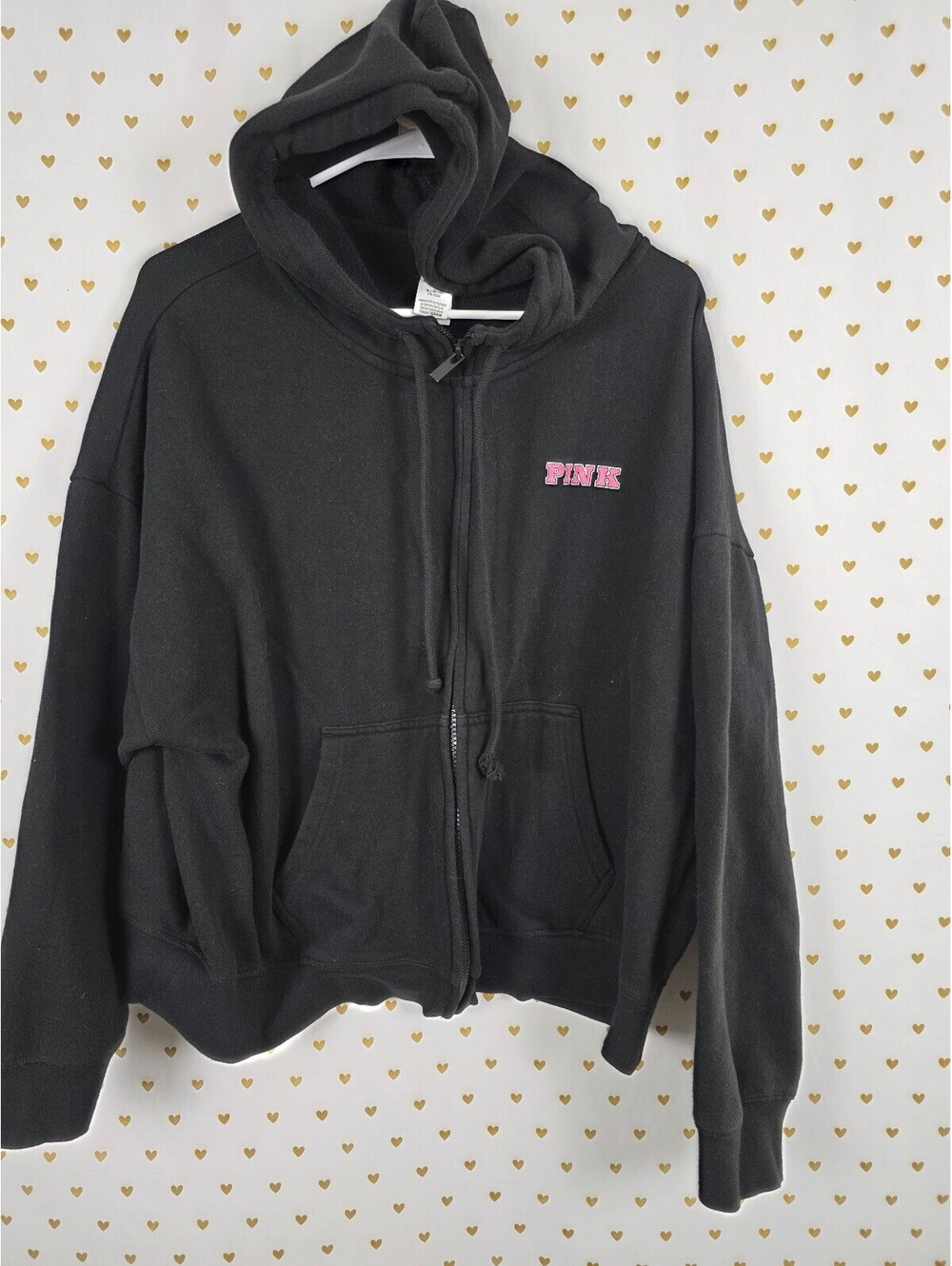 VS PINK 04 Hoodie XL Black Hot Pink Campus Fleece Full Zip Oversized